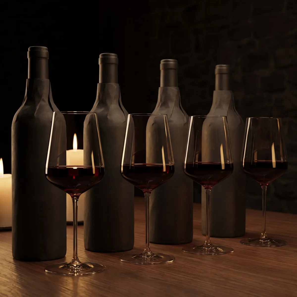 Several wine bottles wrapped in dark paper bags with numbers, lined up on a candlelit table
