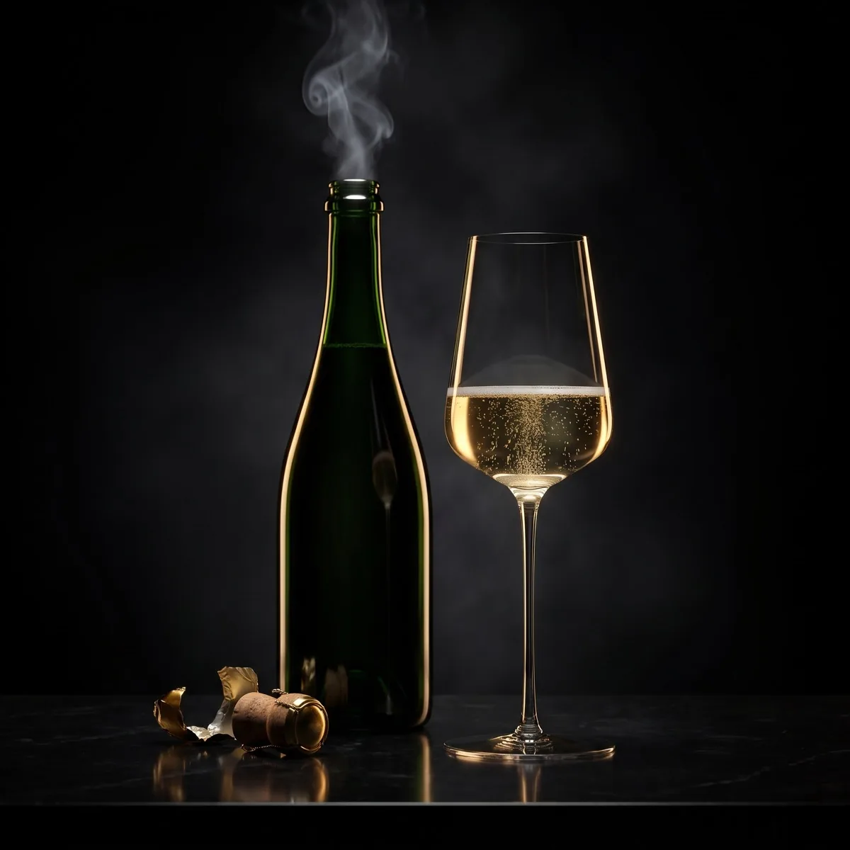 An open champagne bottle with vapour curling from its neck, its cork and foil beside it and a glass of pale gold champagne