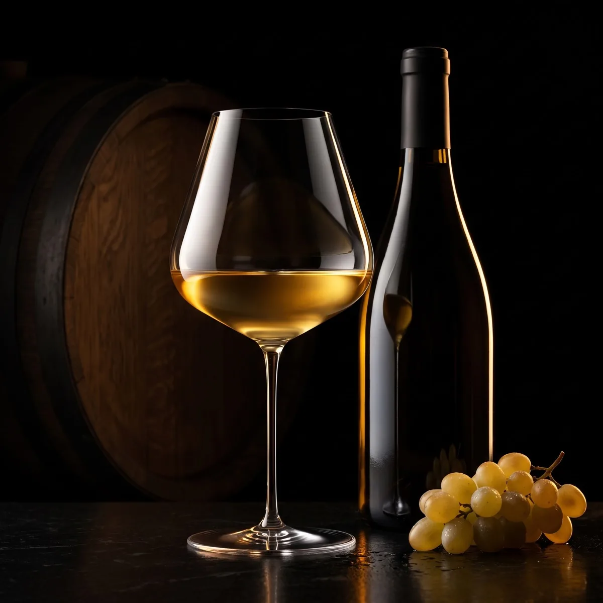A glass of golden Chardonnay next to an oak barrel in low light