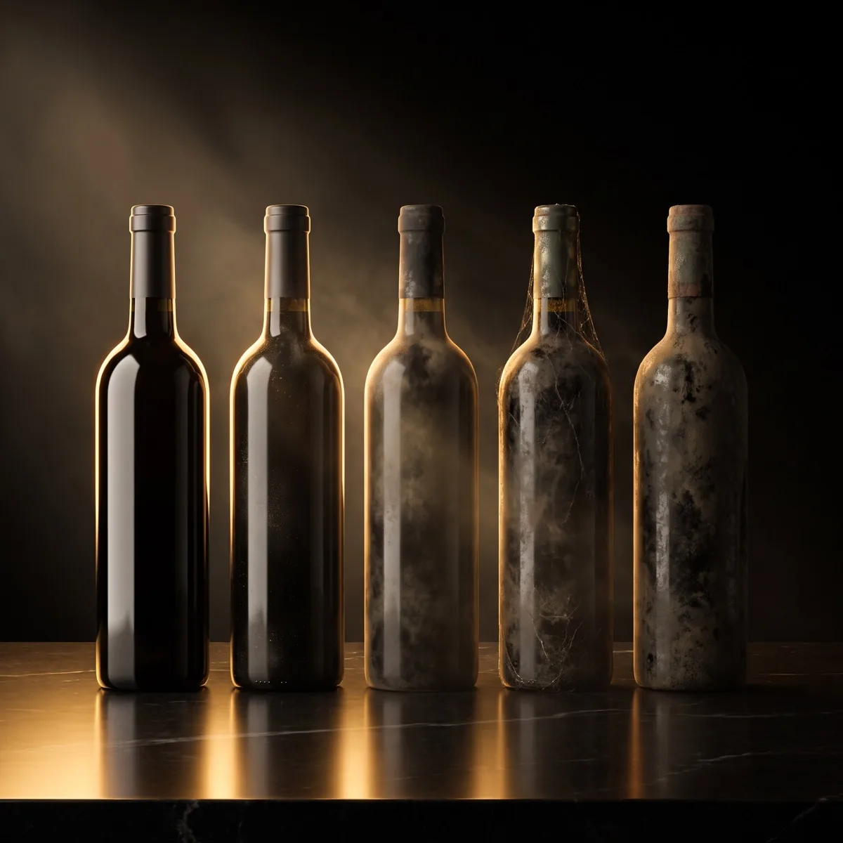 A row of bottles from different years, their vintage labels catching a soft gold light