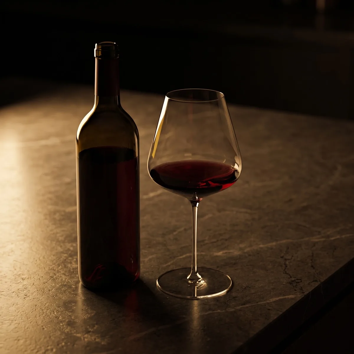 A half-full bottle of red wine with its cork pushed back in, on a dark counter