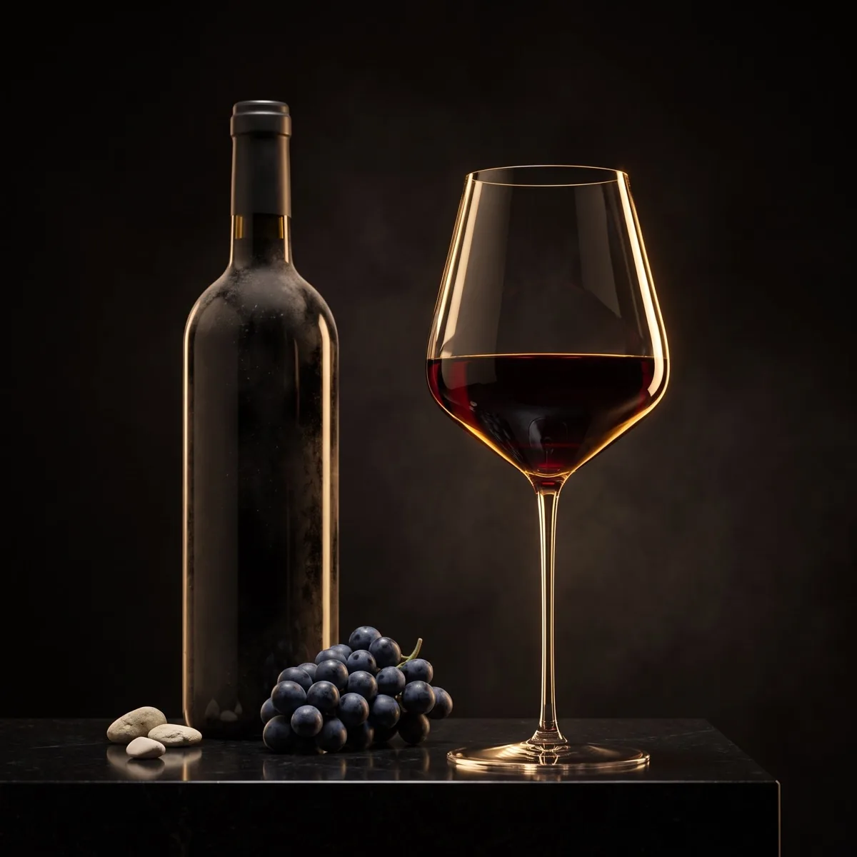 A deep purple glass of Cabernet Sauvignon beside a dusty bottle in a dark cellar