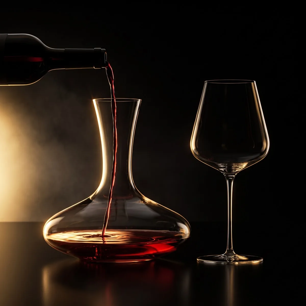 Red wine being poured from a bottle into a wide glass decanter, lit from one side
