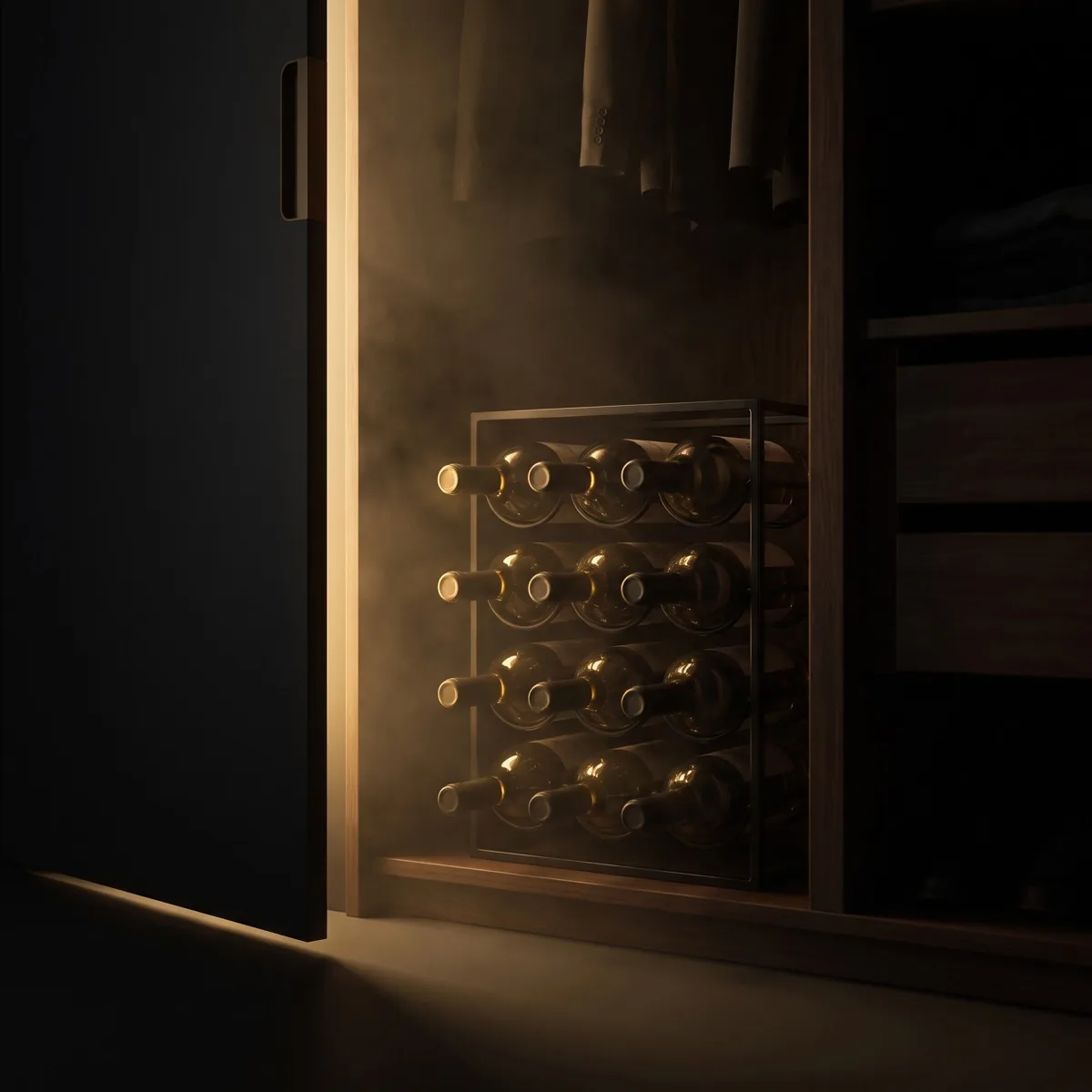 A small wooden wine rack inside a dark wardrobe, a few bottles resting on their sides