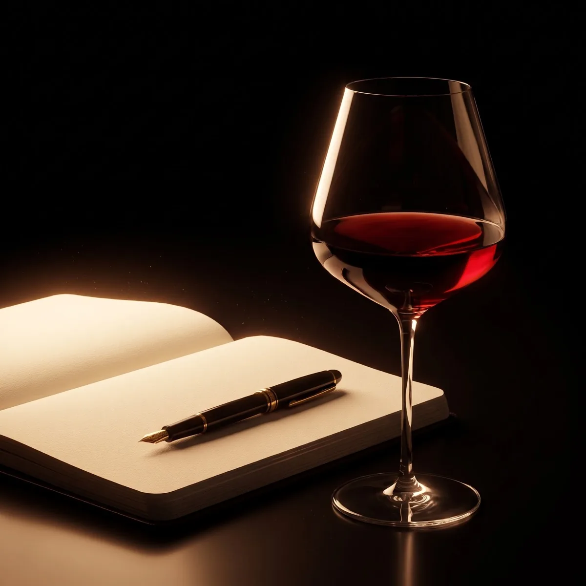 An open notebook and pen beside a half-full glass of red wine in warm, low light