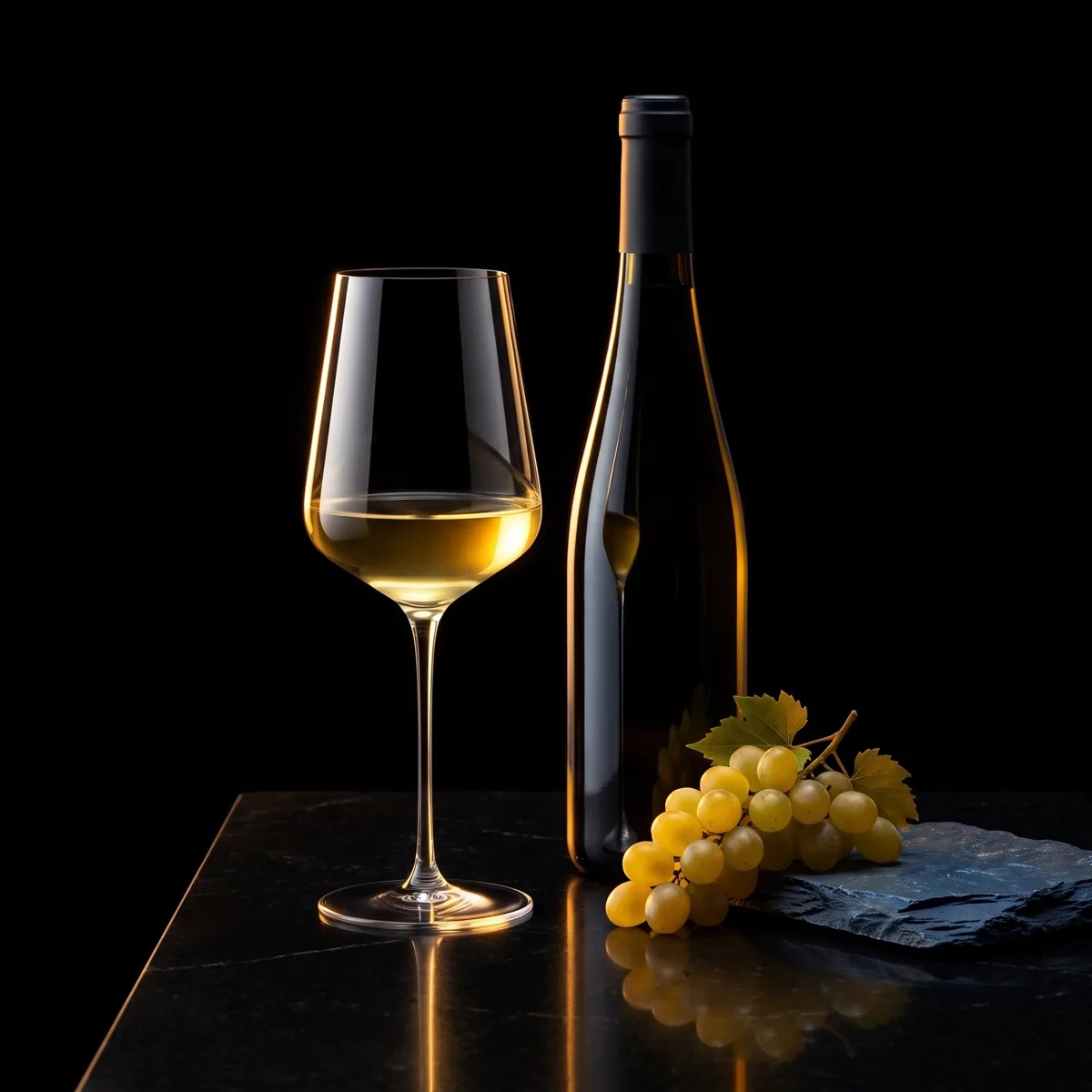 A tall green Riesling bottle beside a glass of pale gold wine in soft low light
