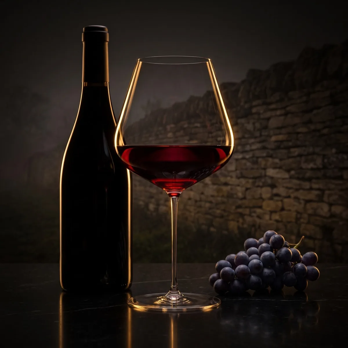 A glass of pale ruby Pinot Noir beside a bunch of dark grapes in low light