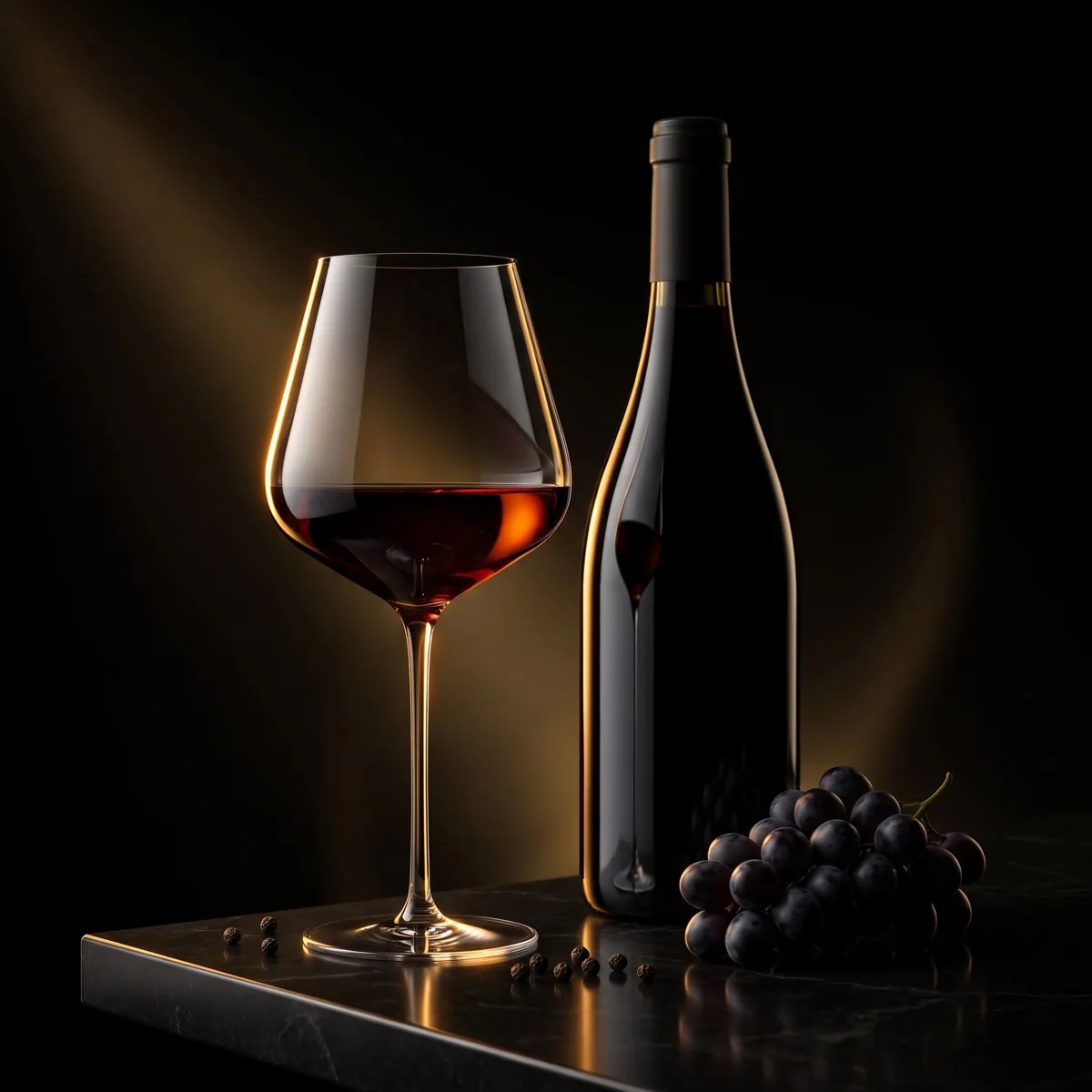 Two glasses of deep purple red wine side by side with black peppercorns scattered on a dark table