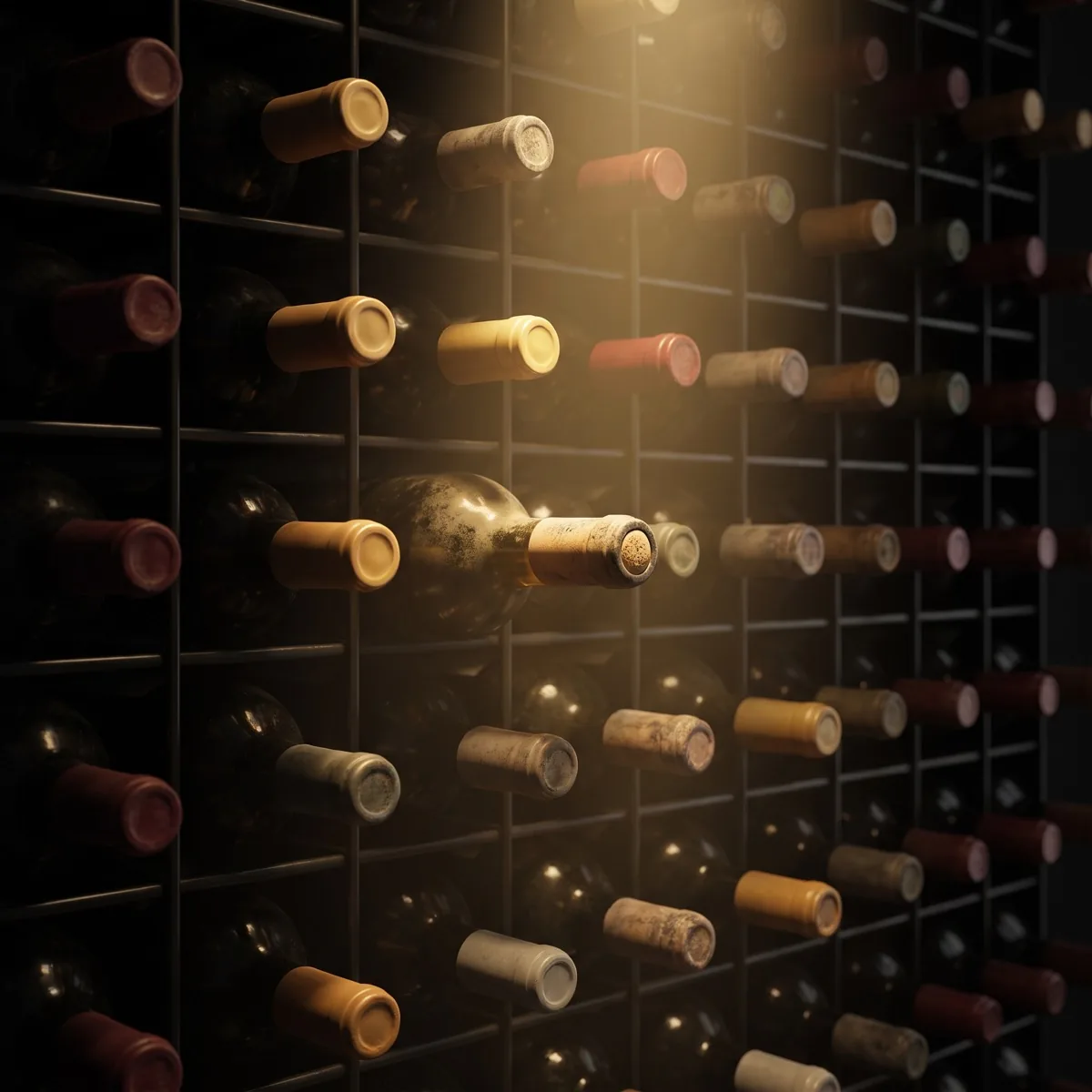 Bottles of different ages lying in a rack, the oldest covered in a fine layer of dust