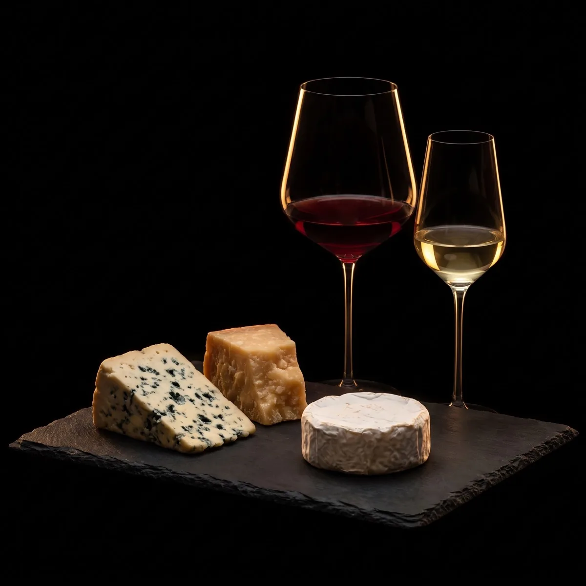 A cheese board with a wedge of blue cheese and a glass of port in warm, low light