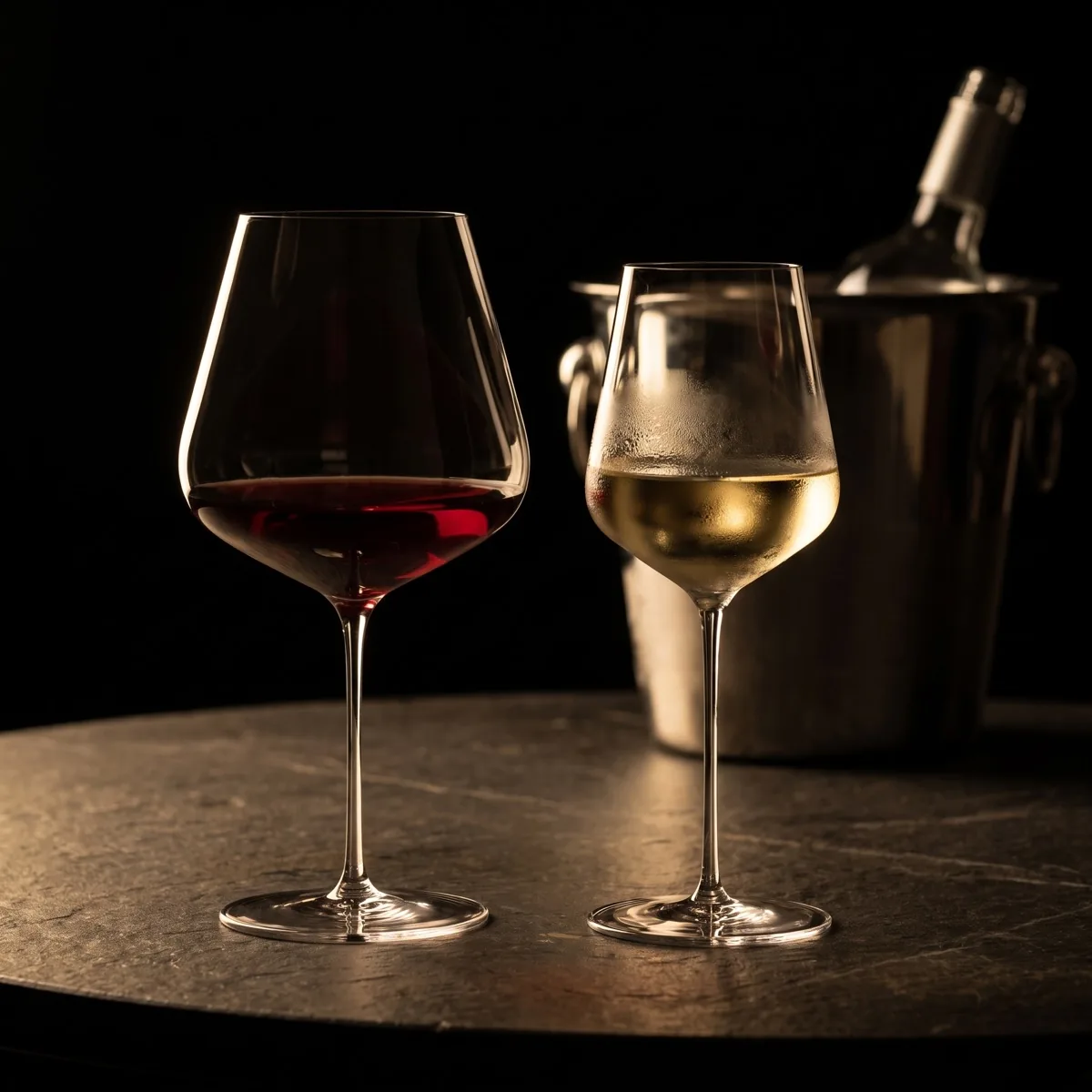 A red and a white wine glass side by side, beaded with condensation, on a dark table