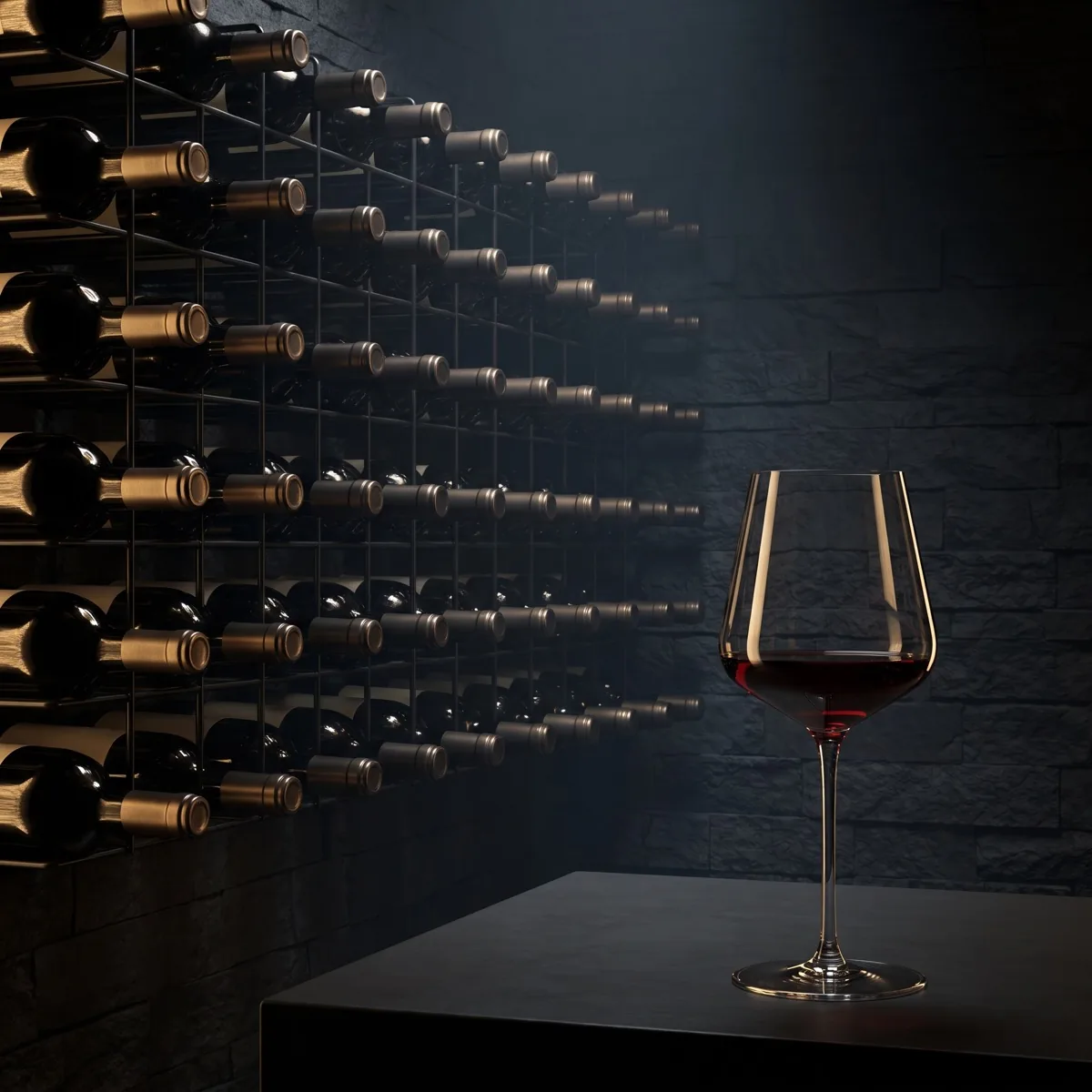 Rows of bottles lying in a dark cellar, lit by a single warm lamp