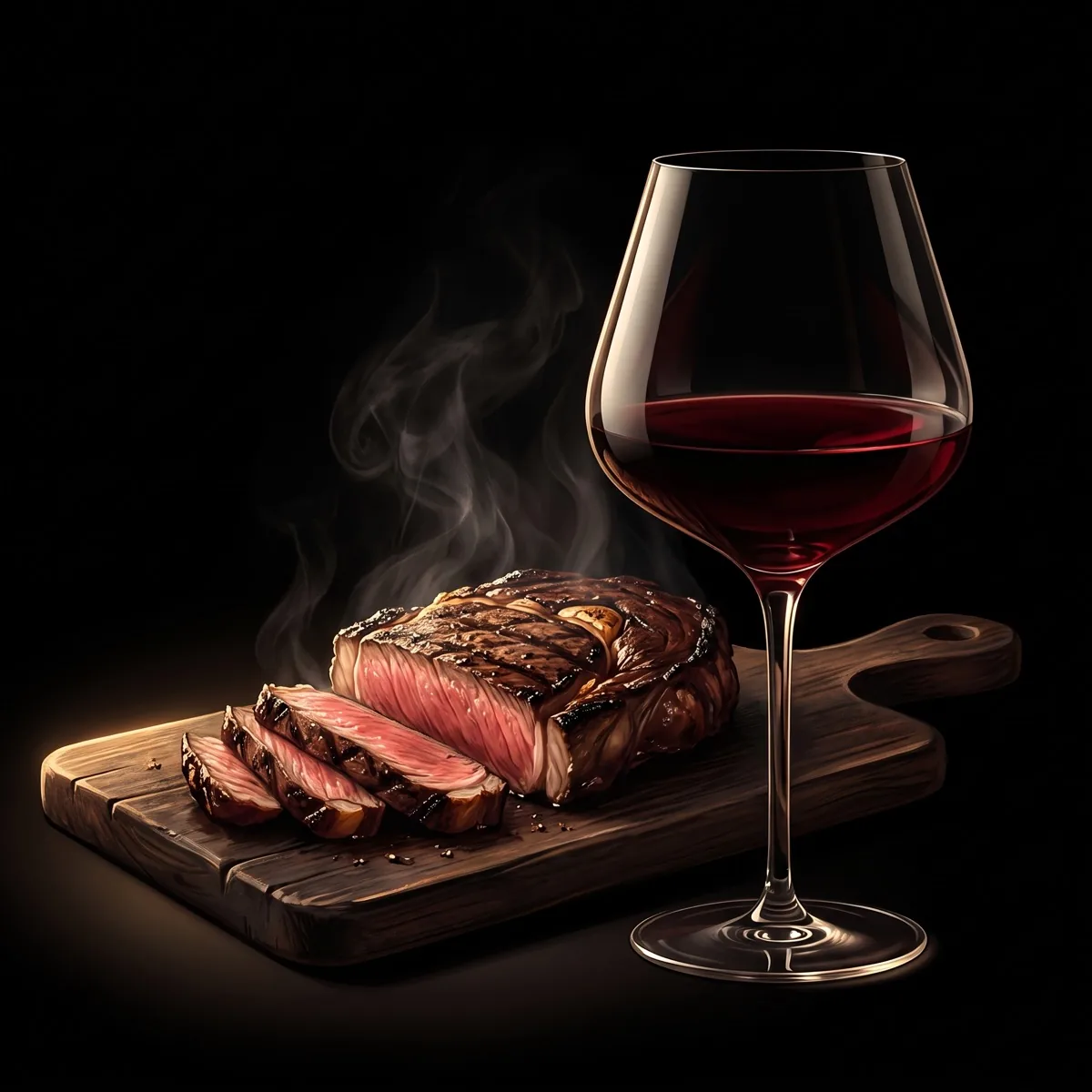 A sliced, charred steak on a wooden board beside a glass of dark red wine